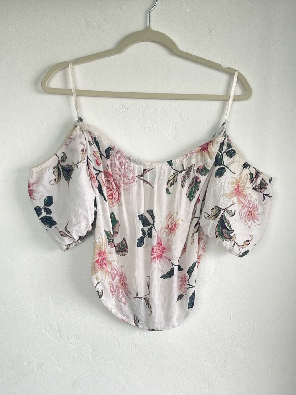Kimchi Blue Cream Off-Shoulder Floral Blouse with Pink Blossoms